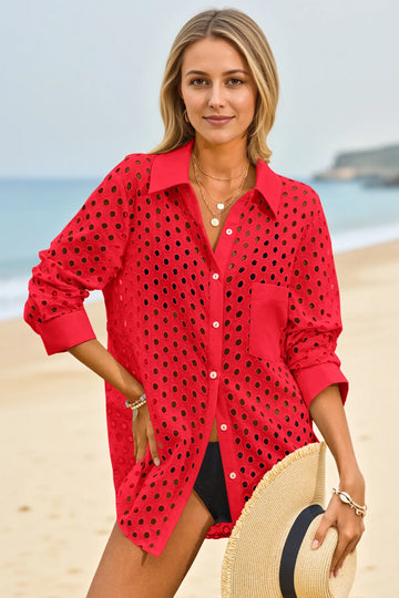 Womens Red Hollow Out Swimsuit Fisoew - Fisoew
