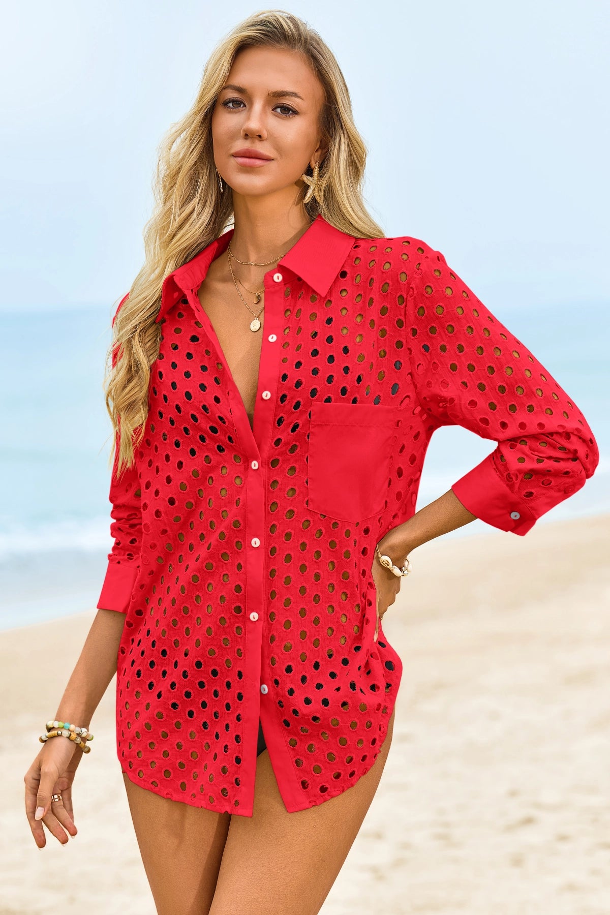 Womens Red Hollow Out Swimsuit Fisoew - Fisoew