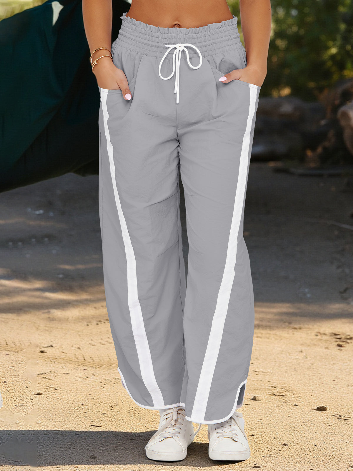 Women's Light Grey Drawstring Elastic Contrast Color Pants Fisoew - Fisoew