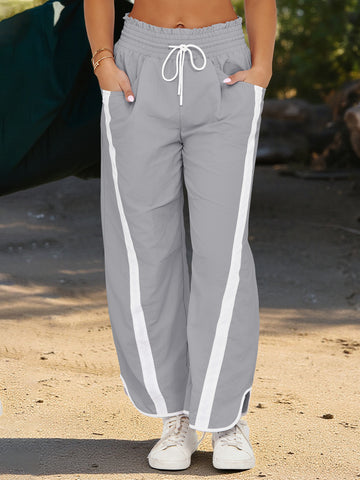 Women's Light Grey Drawstring Elastic Contrast Color Pants Fisoew - Fisoew