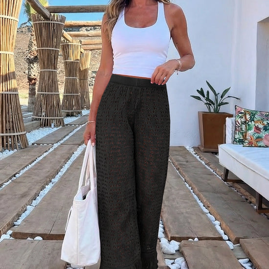 Fisoew Women's Black Crochet Cover Up Pants - Fisoew