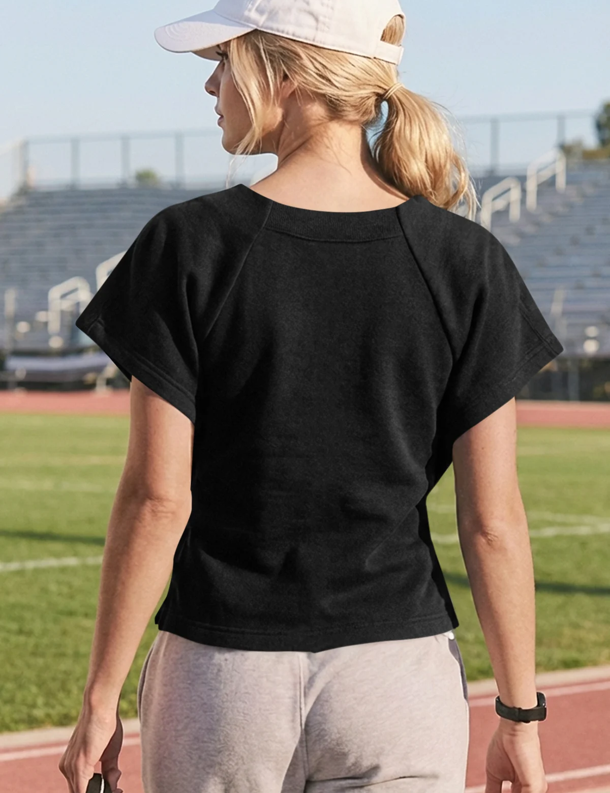 Fisoew Women's Black Summer Short Sleeves Tee Tops Crewneck Sweatshirt - Fisoew