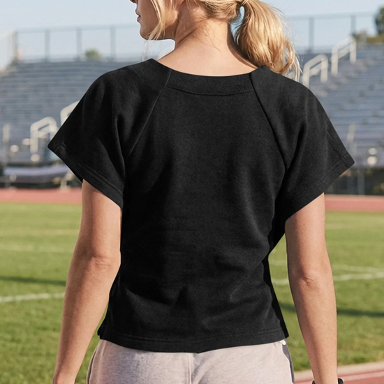 Fisoew Women's Black Summer Short Sleeves Tee Tops Crewneck Sweatshirt - Fisoew