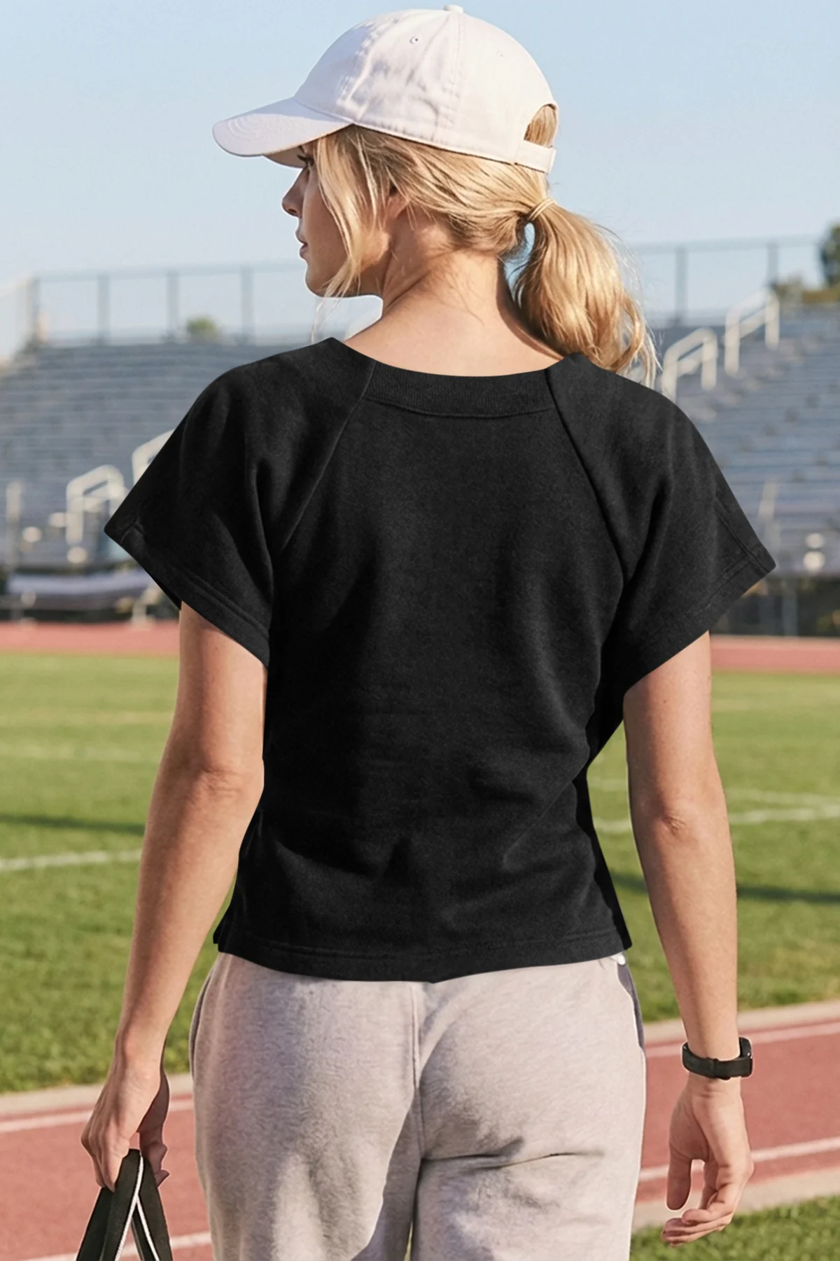 Fisoew Women's Black Summer Short Sleeves Tee Tops Crewneck Sweatshirt - Fisoew