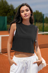 Fisoew Women's Black Sleeveless Loose Fit Workout Cropped Tank Tops - Fisoew
