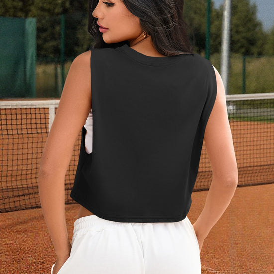 Fisoew Women's Black Sleeveless Loose Fit Workout Cropped Tank Tops - Fisoew
