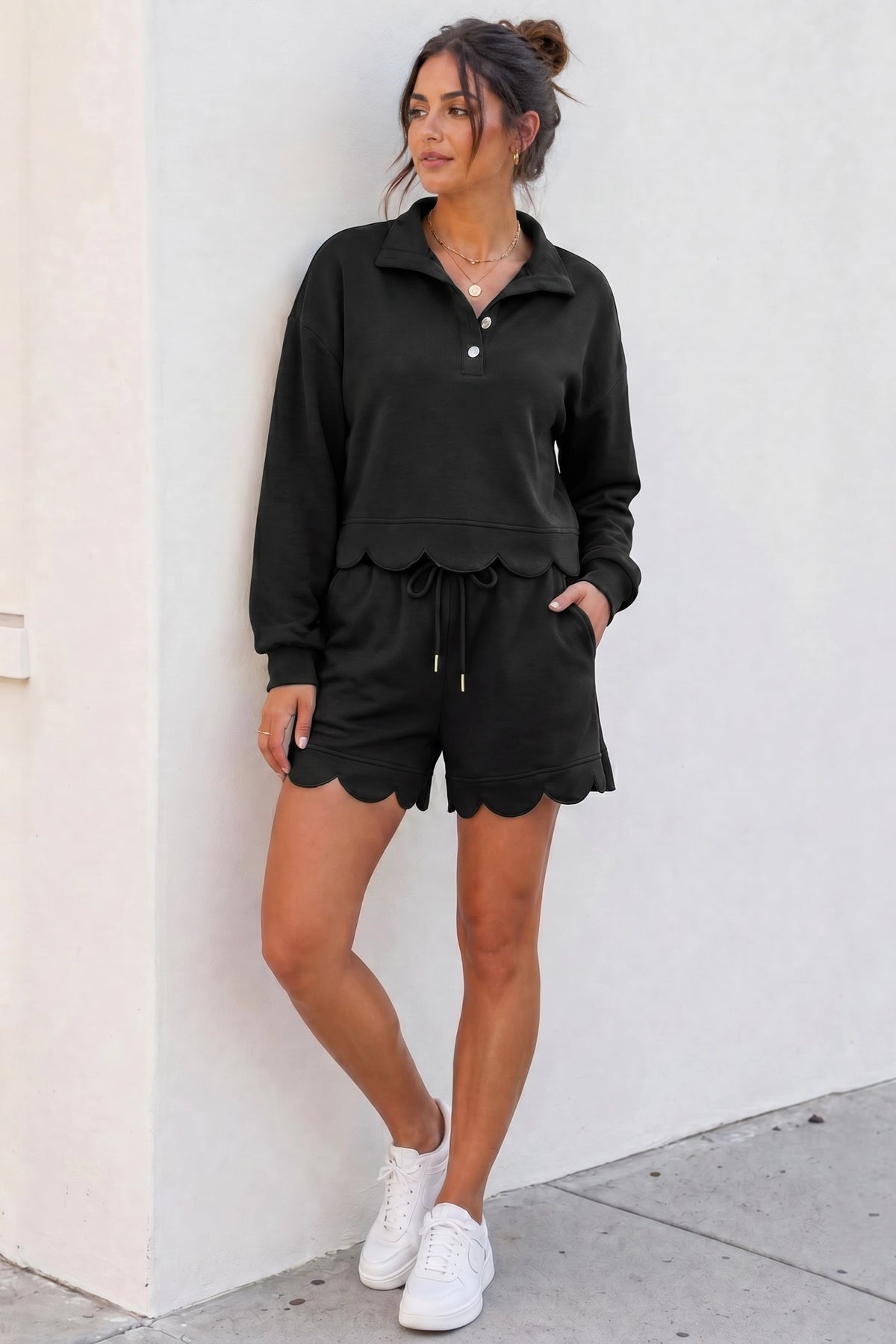 Crop Tops With Shorts Ruffle Trim Solid Sets - Fisoew