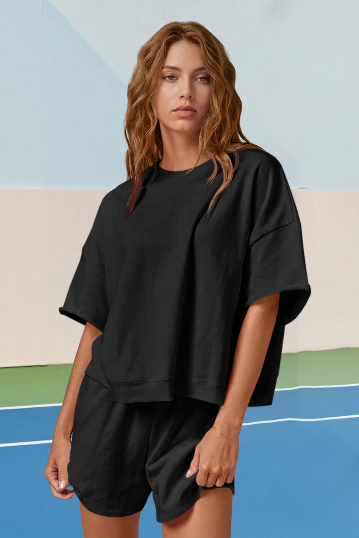 Womens Black Oversized 2 Piece Outfits Fisoew - Fisoew