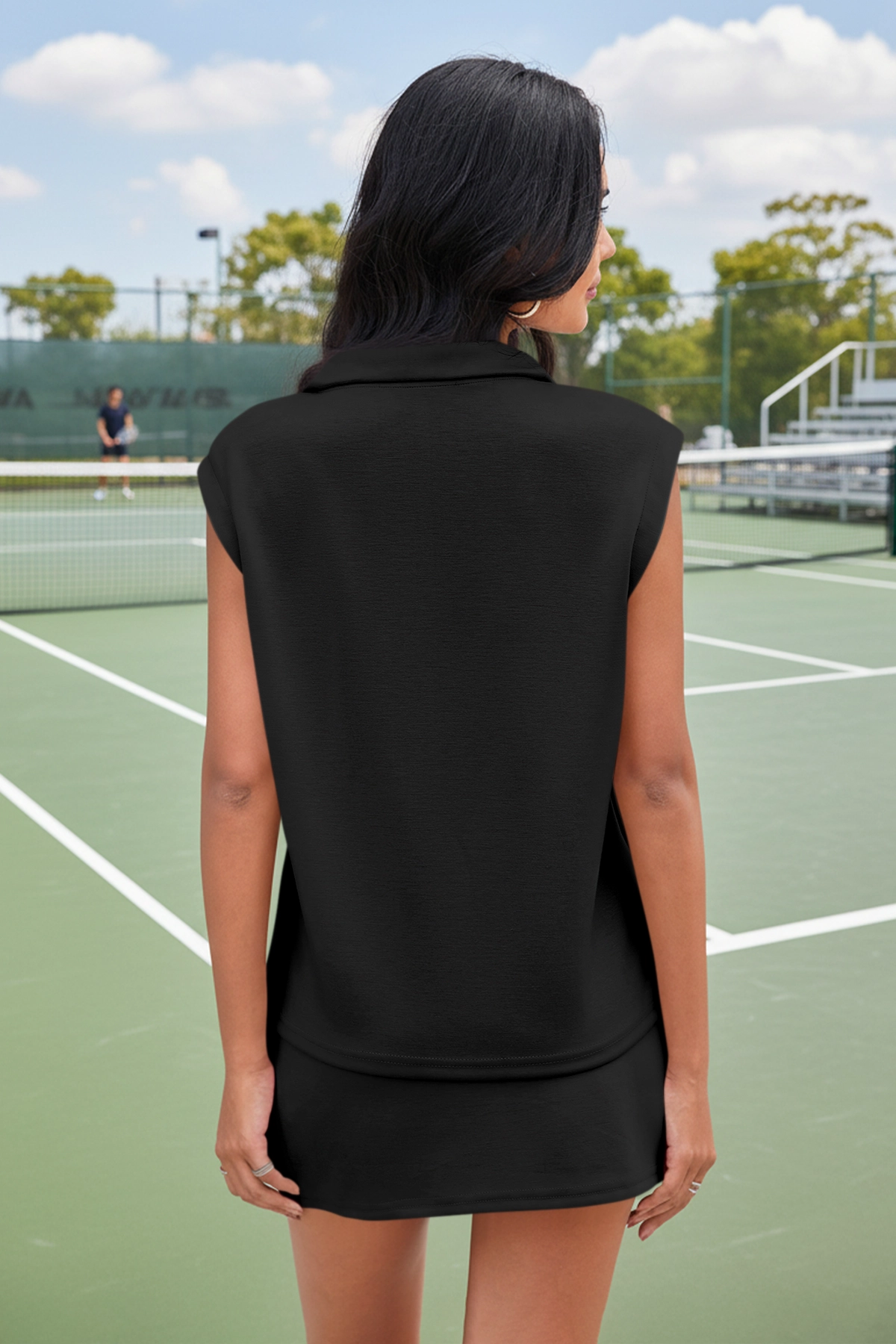 Black Sleeveless Half Zip Skirt Sets Fisoew - Fisoew