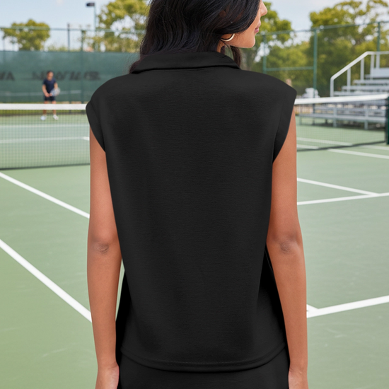 Black Sleeveless Half Zip Skirt Sets Fisoew - Fisoew