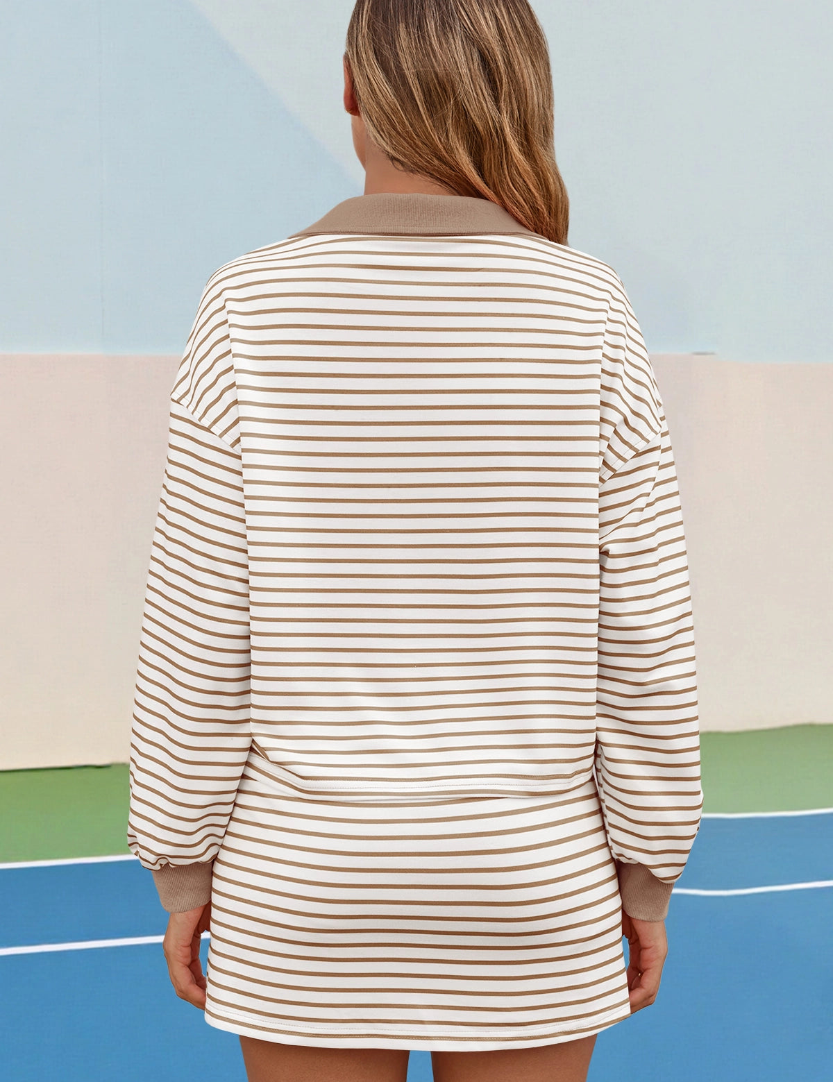 Womens Khaki Striped 2 Piece Outfits Fisoew - Fisoew