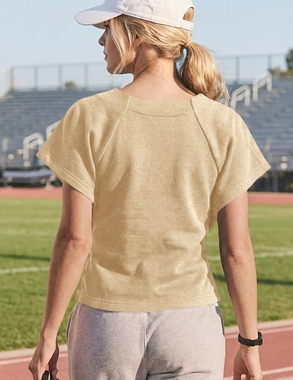 Fisoew Women's Khaki Summer Short Sleeves Tee Tops Crewneck Sweatshirt - Fisoew