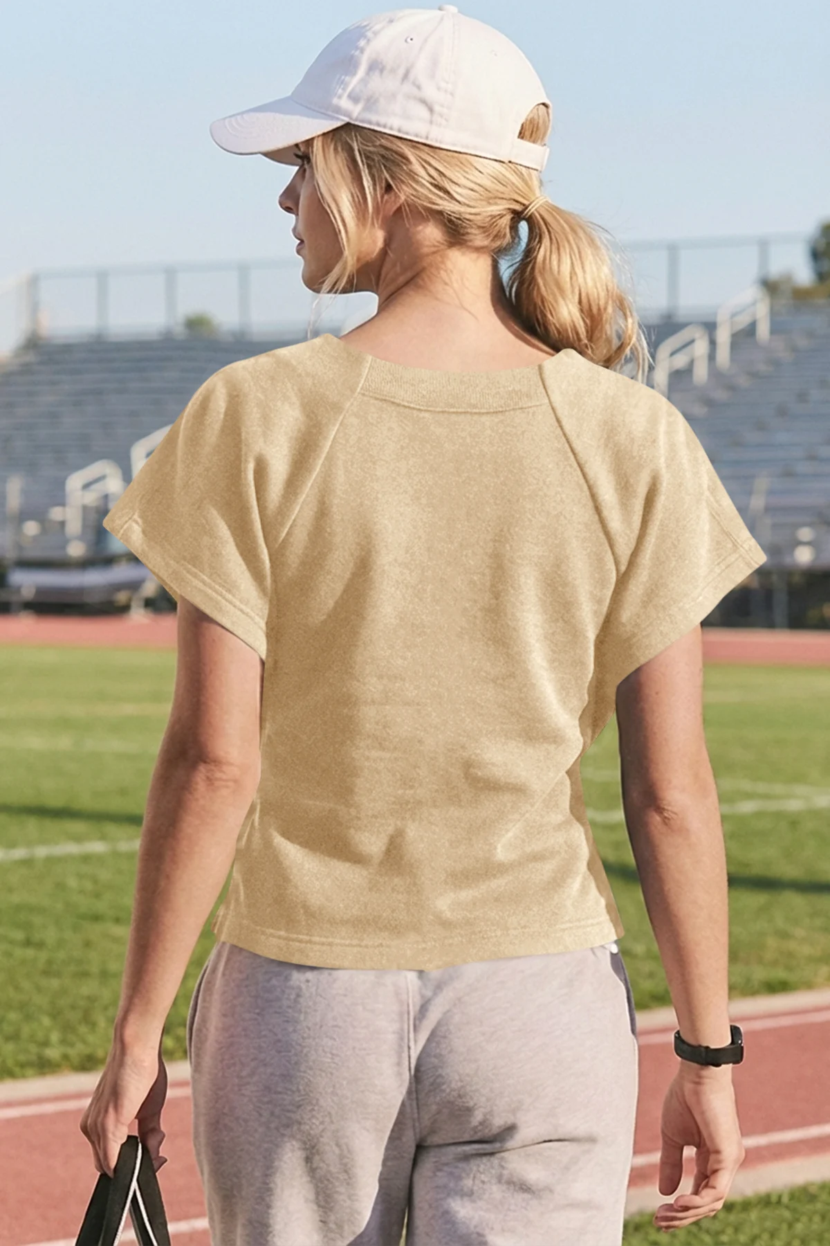 Fisoew Women's Khaki Summer Short Sleeves Tee Tops Crewneck Sweatshirt - Fisoew