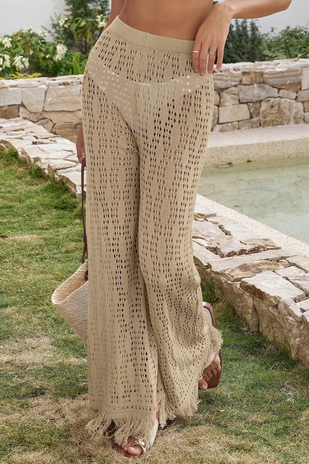Fisoew Women's Khaki Crochet Cover Up Pants