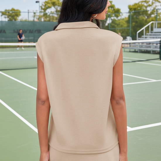 Khaki Sleeveless Half Zip Skirt Sets Fisoew - Fisoew