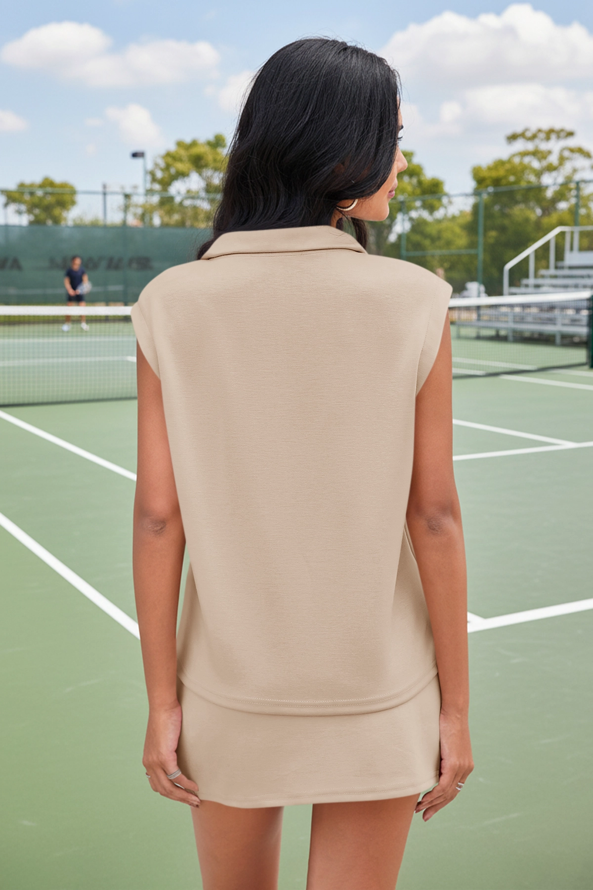 Khaki Sleeveless Half Zip Skirt Sets Fisoew - Fisoew