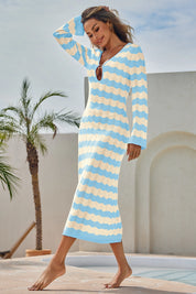 Fisoew Women's Light Blue Striped Sexy Crochet Maxi Dress