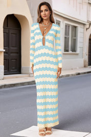 Fisoew Women's Light Blue Striped Sexy Crochet Maxi Dress