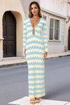 Fisoew Women's Light Blue Striped Sexy Crochet Maxi Dress - Fisoew
