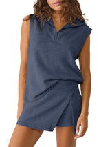 Fisoew Navy Sleeveless Half Zip Skirt Sets