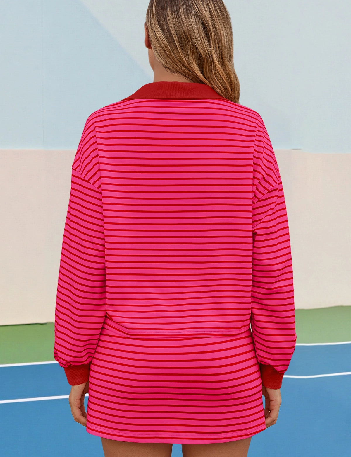 Womens Rose Red Striped 2 Piece Outfits Fisoew - Fisoew