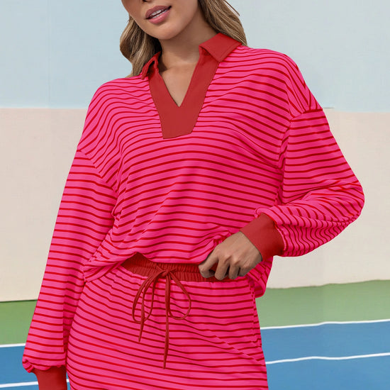 Womens Rose Red Striped 2 Piece Outfits Fisoew - Fisoew
