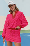 Womens Rose Red Striped 2 Piece Outfits Fisoew - Fisoew