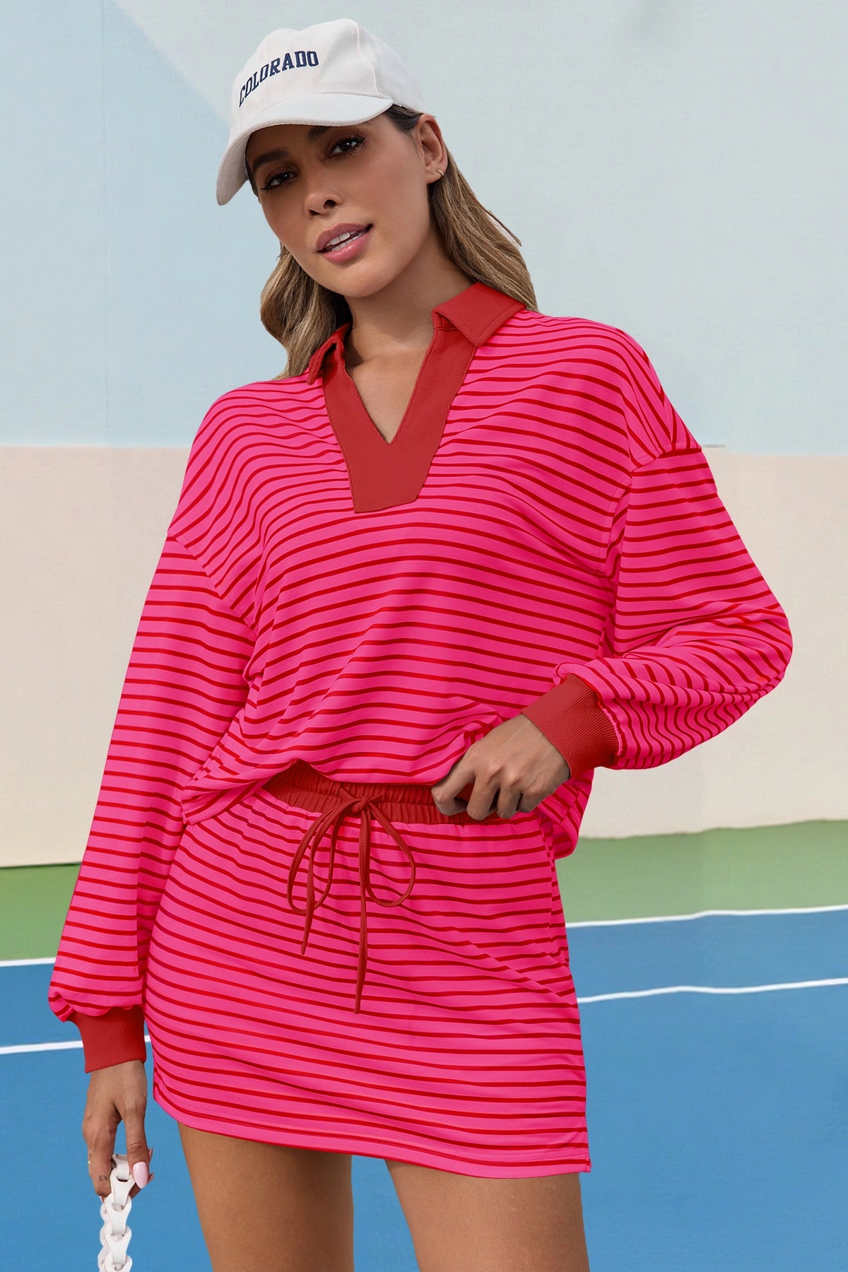 Womens Rose Red Striped 2 Piece Outfits Fisoew - Fisoew