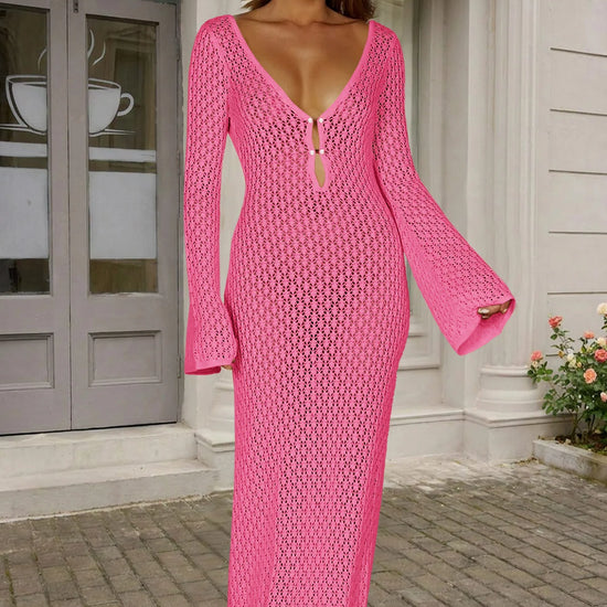 Fisoew Women's Rose Red Long Sleeve Sexy Bodycon Summer Knit Dresses - Fisoew