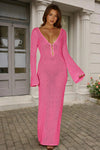 Fisoew Women's Rose Red Long Sleeve Sexy Bodycon Summer Knit Dresses - Fisoew