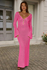 Fisoew Women's Rose Red Long Sleeve Sexy Bodycon Summer Knit Dresses - Fisoew