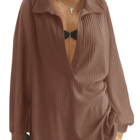 Women Brown Oversized Collared Ribbed Knit Sweatshirts Fisoew - Fisoew