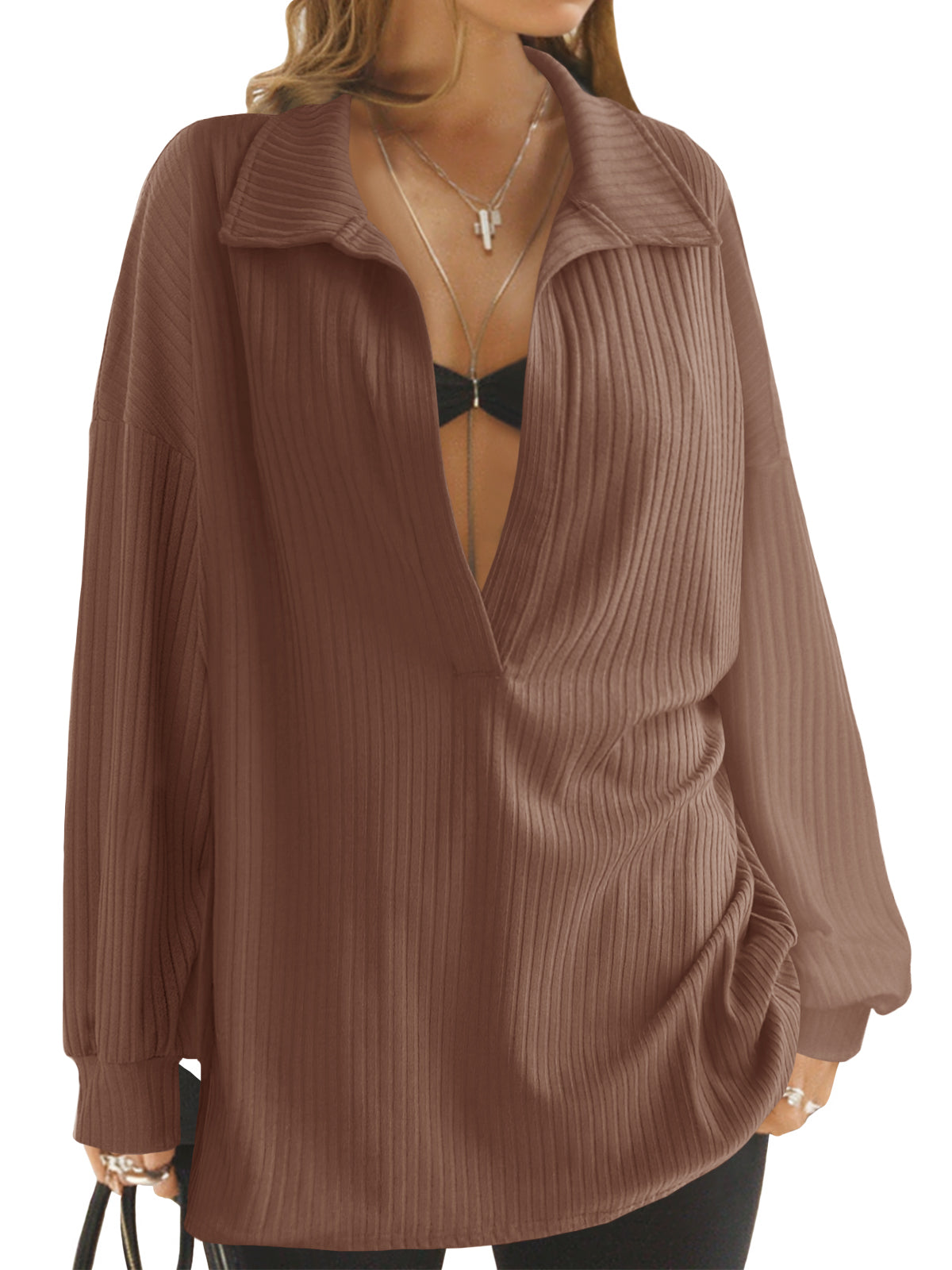Women Brown Oversized Collared Ribbed Knit Sweatshirts Fisoew - Fisoew