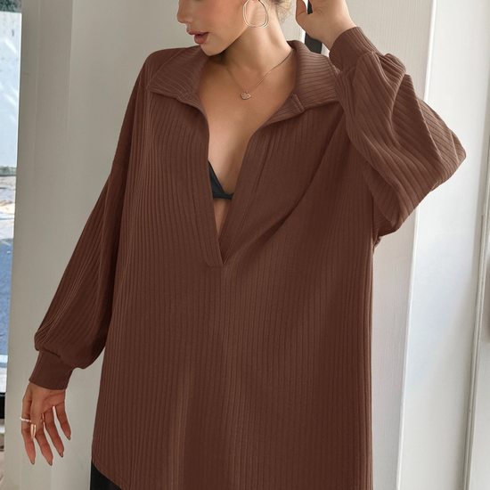 Women Brown Oversized Collared Ribbed Knit Sweatshirts Fisoew - Fisoew