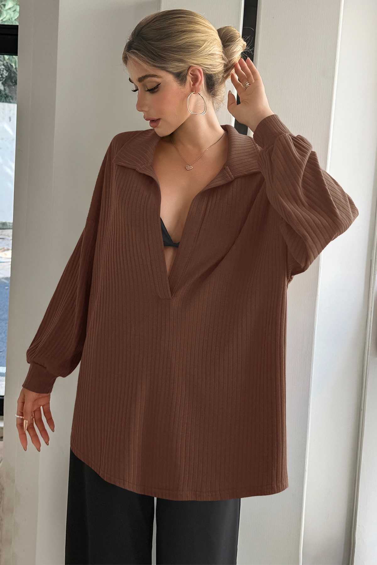 Women Brown Oversized Collared Ribbed Knit Sweatshirts Fisoew - Fisoew