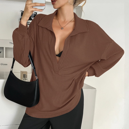 Women Brown Oversized Collared Ribbed Knit Sweatshirts Fisoew - Fisoew