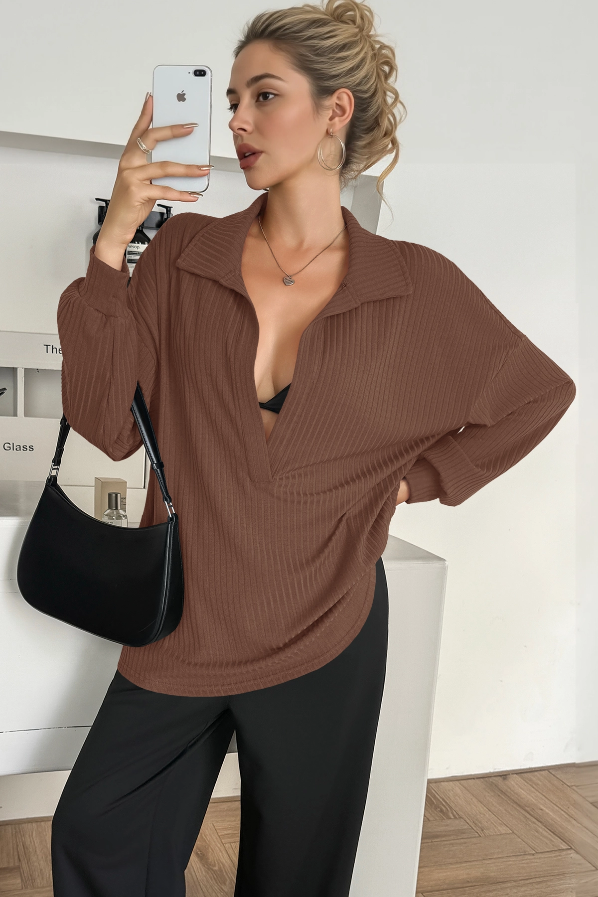 Women Brown Oversized Collared Ribbed Knit Sweatshirts Fisoew - Fisoew