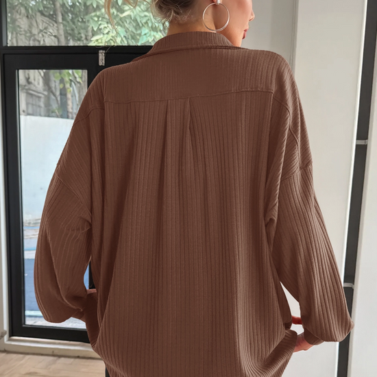 Women Brown Oversized Collared Ribbed Knit Sweatshirts Fisoew - Fisoew
