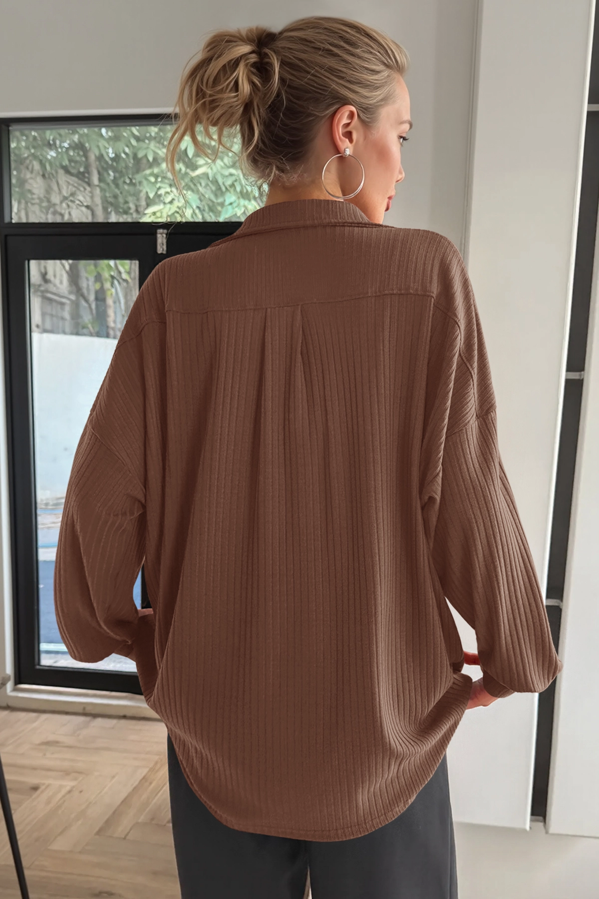 Women Brown Oversized Collared Ribbed Knit Sweatshirts Fisoew - Fisoew