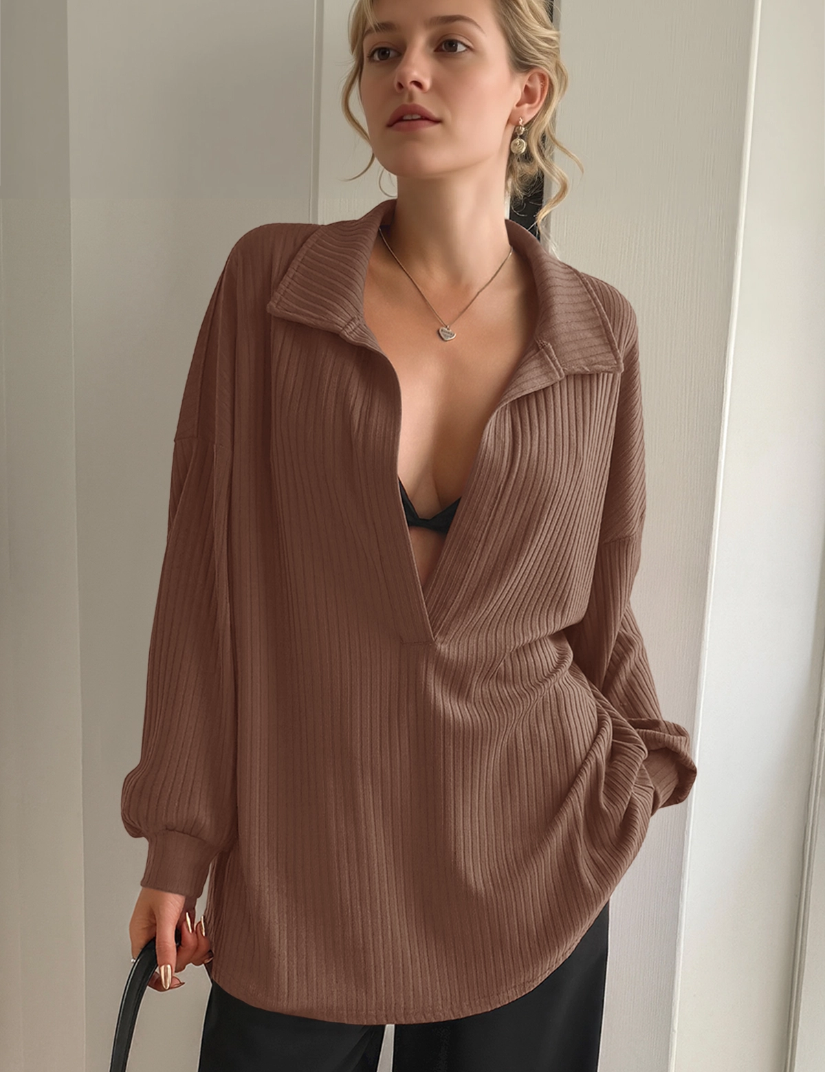 Women Brown Oversized Collared Ribbed Knit Sweatshirts Fisoew - Fisoew