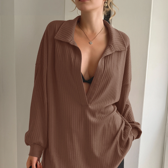 Women Brown Oversized Collared Ribbed Knit Sweatshirts Fisoew - Fisoew