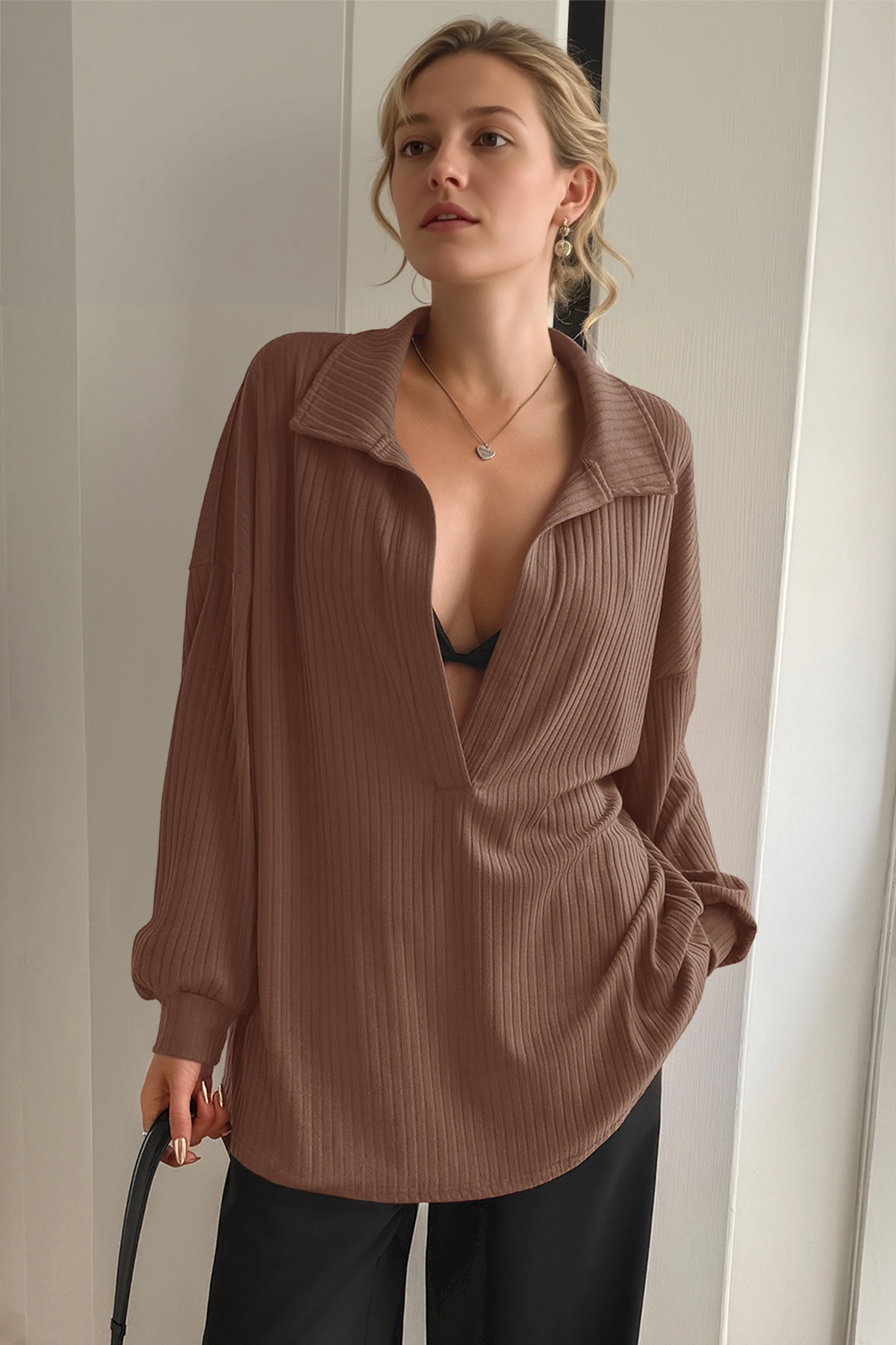 Women Brown Oversized Collared Ribbed Knit Sweatshirts Fisoew - Fisoew