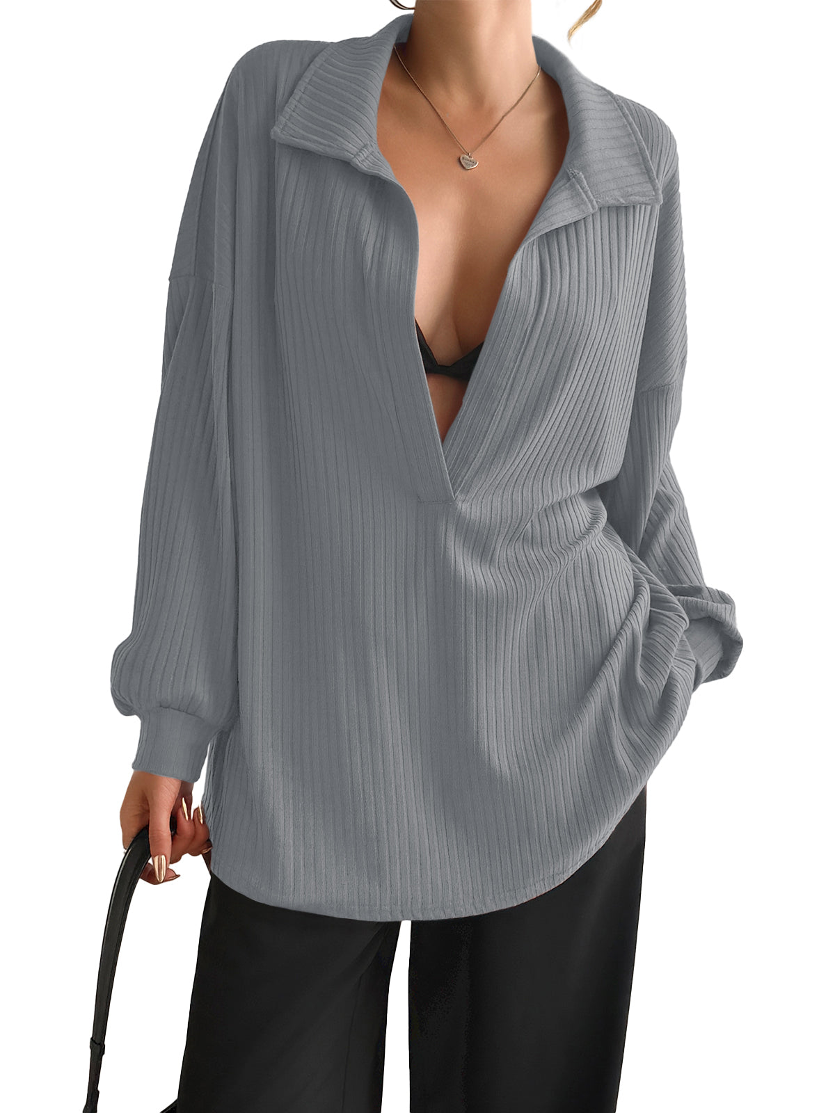 Women Grey Oversized Collared Ribbed Knit Sweatshirts Fisoew - Fisoew