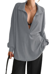 Women Grey Oversized Collared Ribbed Knit Sweatshirts Fisoew - Fisoew