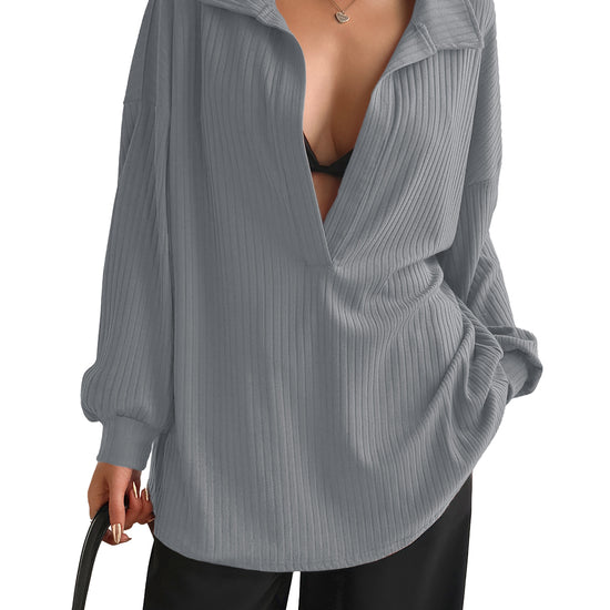 Women Grey Oversized Collared Ribbed Knit Sweatshirts Fisoew - Fisoew