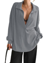 Women Grey Oversized Collared Ribbed Knit Sweatshirts Fisoew