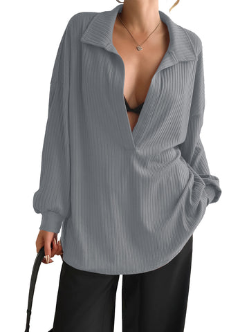 Women Grey Oversized Collared Ribbed Knit Sweatshirts Fisoew - Fisoew