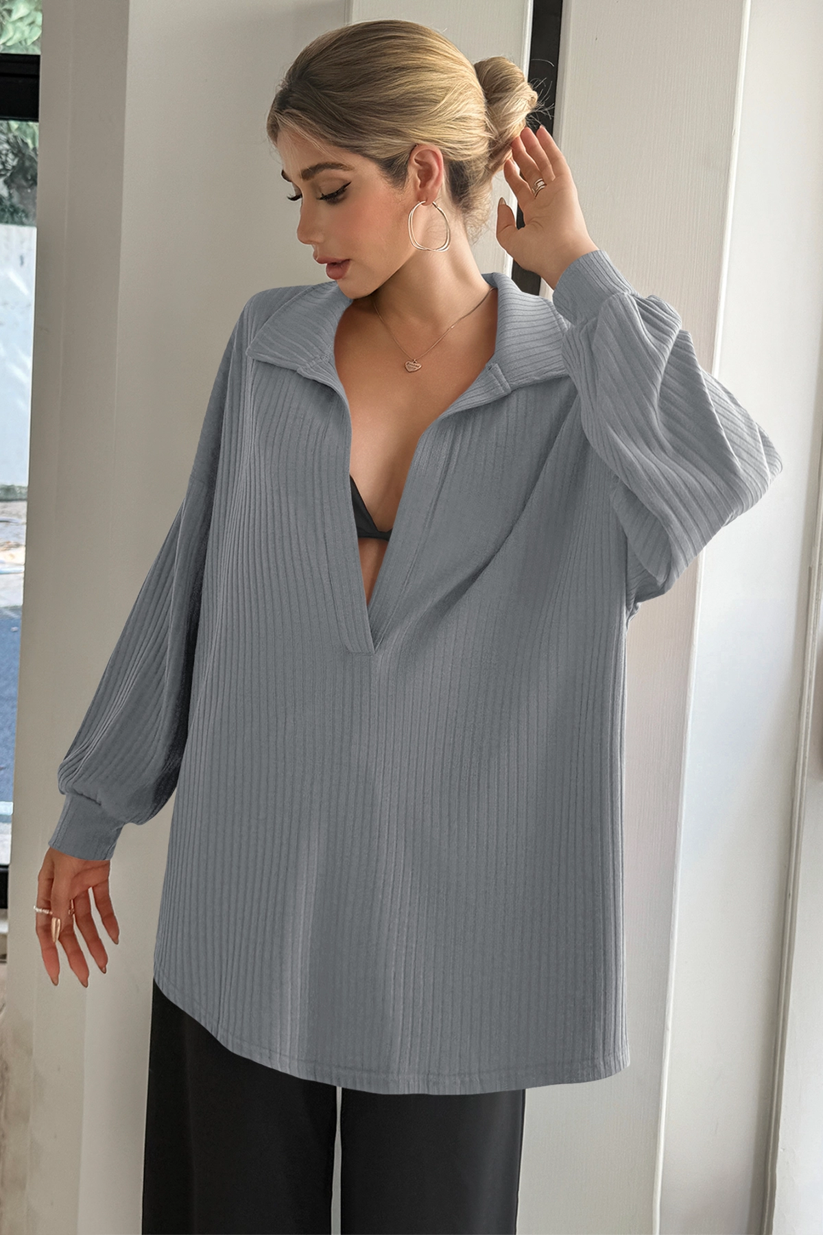 Women Grey Oversized Collared Ribbed Knit Sweatshirts Fisoew - Fisoew