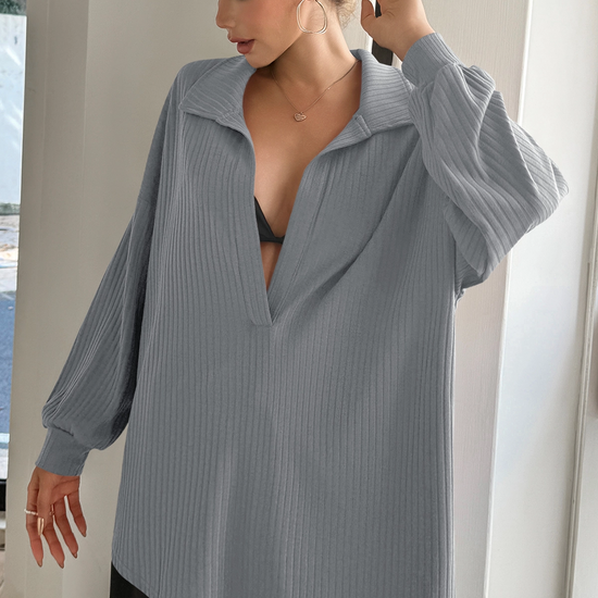 Women Grey Oversized Collared Ribbed Knit Sweatshirts Fisoew - Fisoew