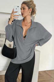 Women Grey Oversized Collared Ribbed Knit Sweatshirts Fisoew - Fisoew